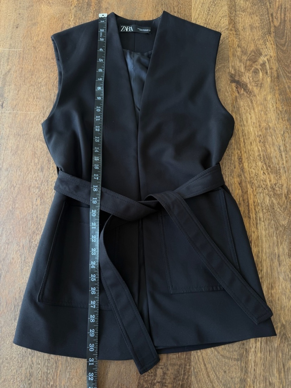 Zara Black Belted Longline Vest Cotton Blend Patch Pockets Small - Picture 11 of 13